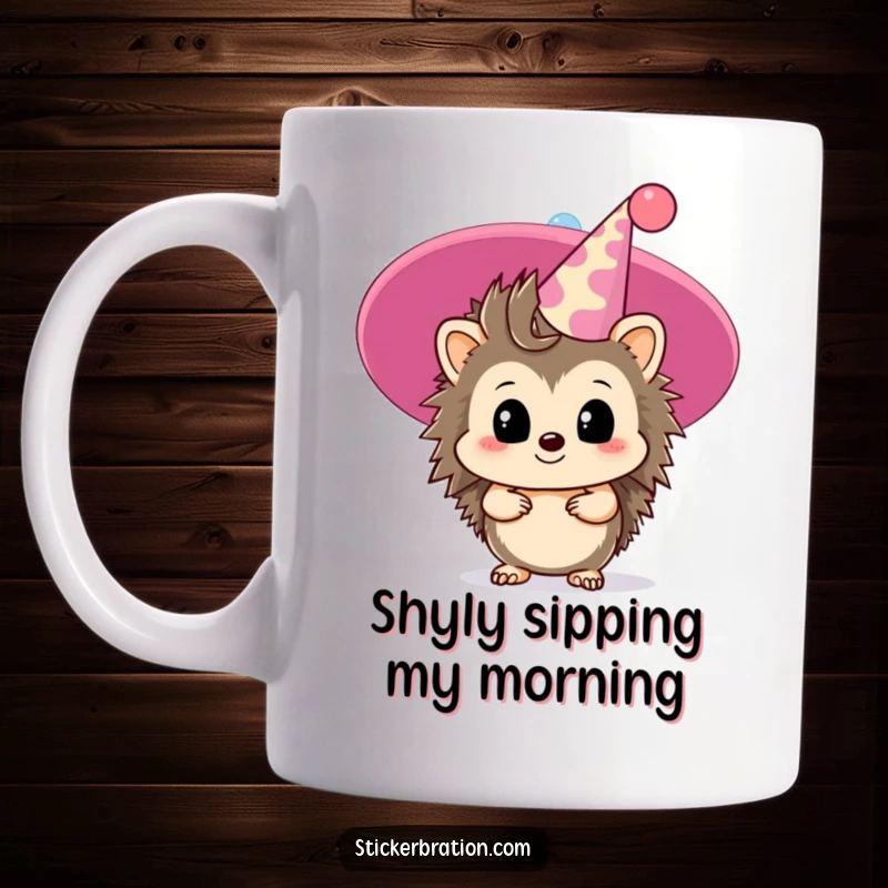 Funny hedgehog mug shows a timid character peeking from behind a giant party hat, conveying shy celebration.