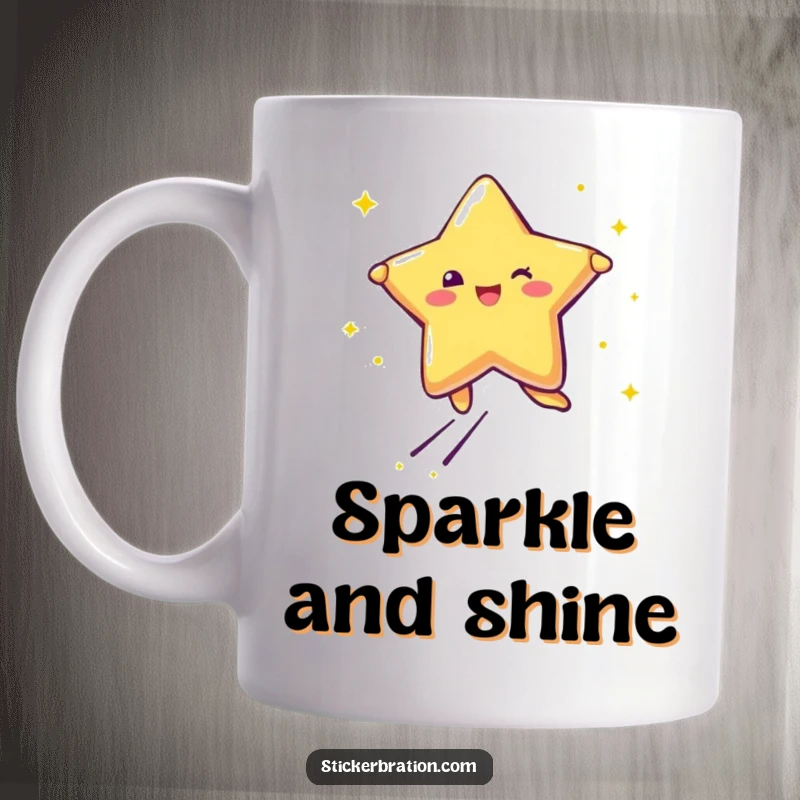 Funny mug depicting a joyful star character leaping high, with trails of glitter sparkling behind, embodying pure happiness.