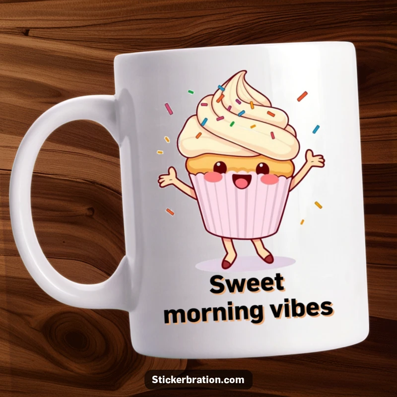 Funny dancing cupcake mug with a cheerful character, happily showering colorful sprinkles, radiating pure joy and sweetness.