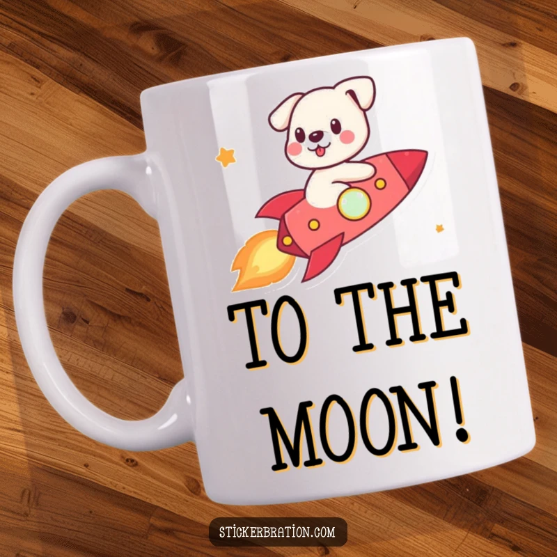 Funny cute dog character joyfully riding a tiny rocket, soaring through the stars on a mug.