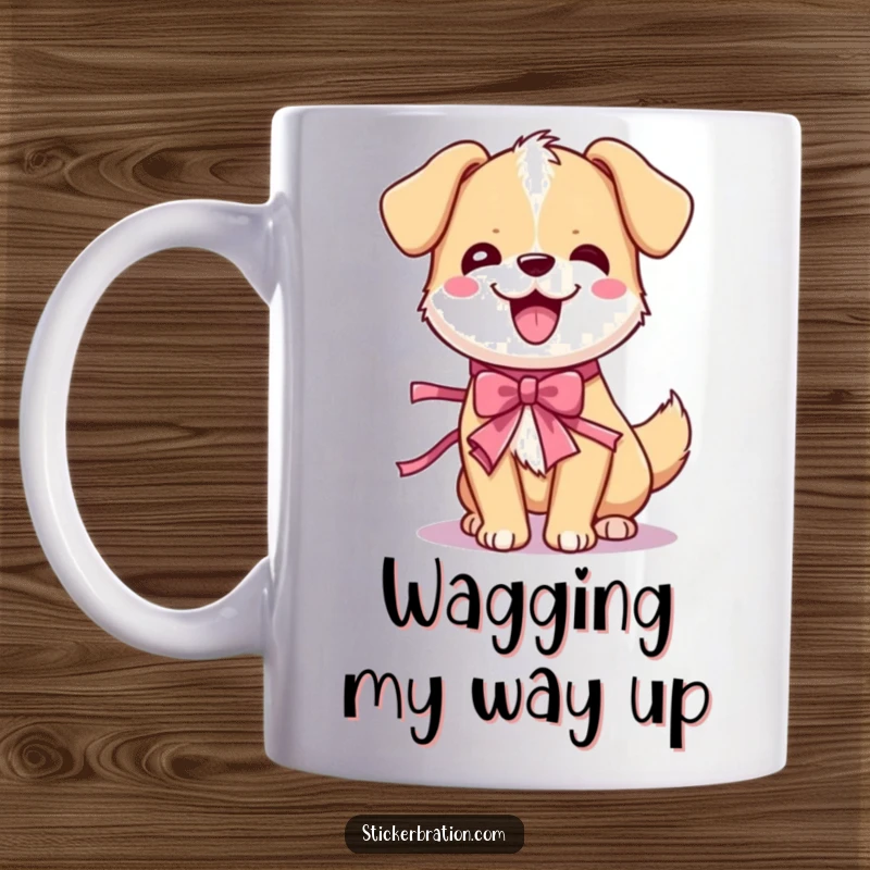 Funny dog wiggle mug with a cute cartoon character joyfully shaking its body with a party ribbon, expressing pure canine happiness.
