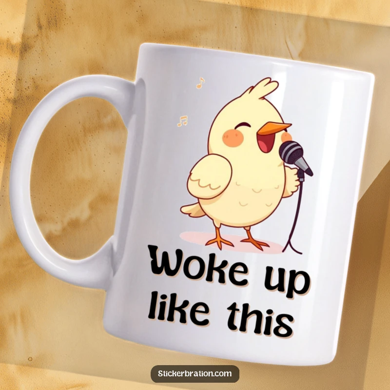 Funny bird mug featuring a cheerful bird belting out a tune into a tiny microphone, showcasing musical talent and humor.