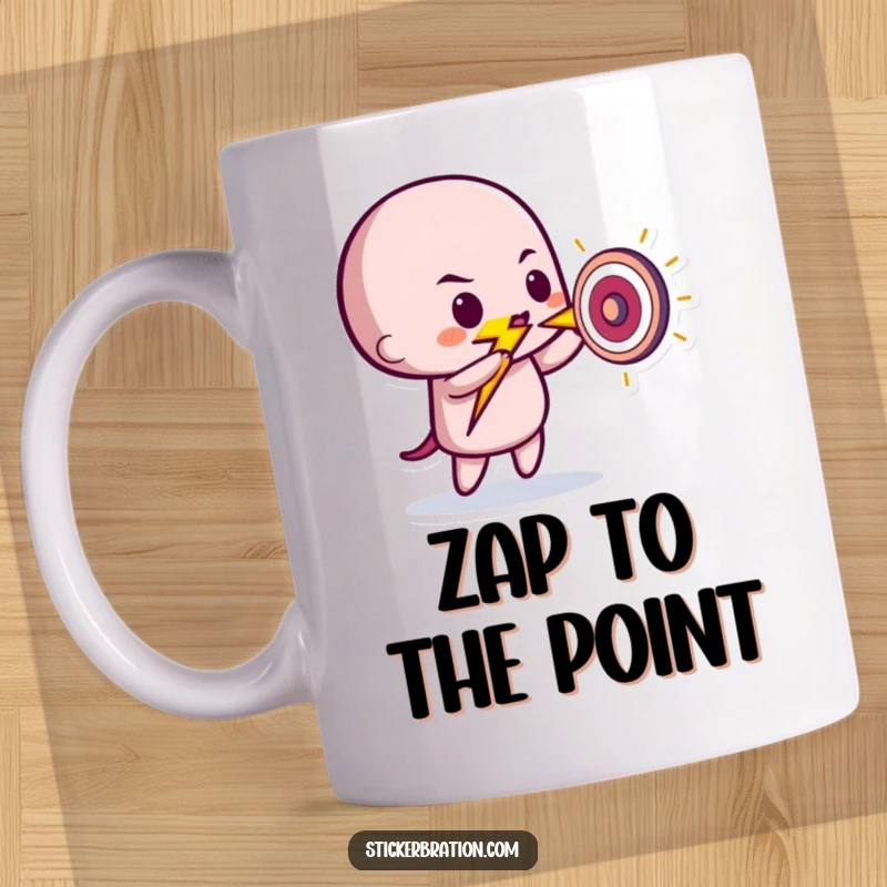 Funny mug featuring a playful lightning bolt character with a determined expression, striking a tiny target with precision.