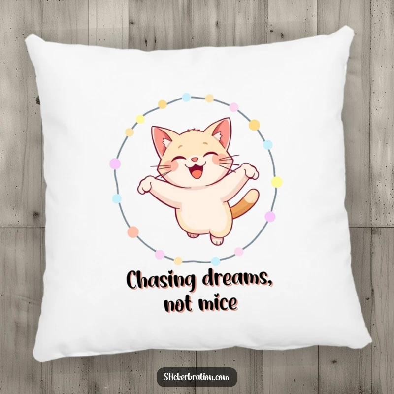 Funny cat pillow featuring a delighted cat jumping through a glowing hoop of lights, offering soft comfort and a humorous design.