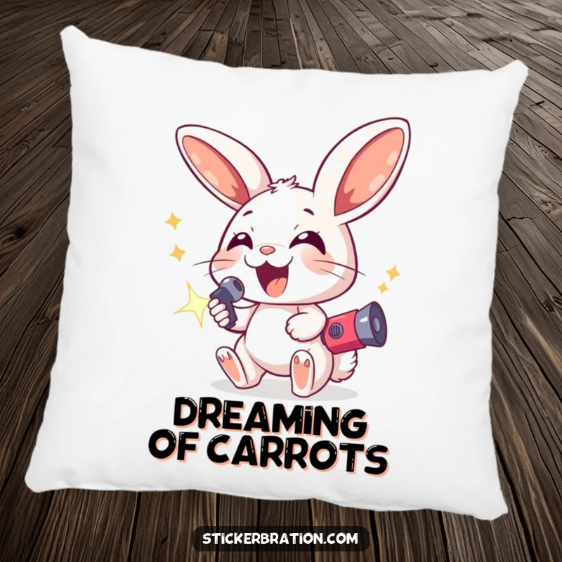 Funny pillow with an excited bunny character wearing oversized ears and holding a sparkling noisemaker, offering cozy comfort and a festive touch.