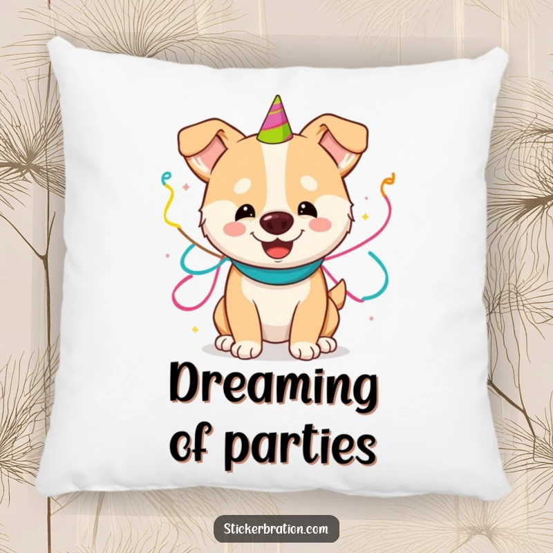 Funny pillow showcasing a joyful dog playfully wrapped in vibrant party streamers, embodying cozy and celebratory canine vibes.