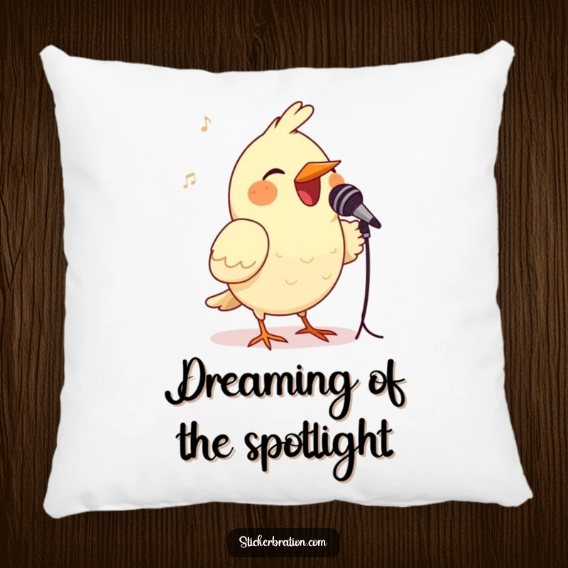 Funny bird pillow with a cheerful bird holding a tiny microphone, perfect for adding comfort and a touch of musical humor.