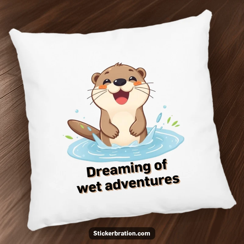 Funny otter pillow featuring a happy character splashing in a puddle, adding humor and comfort to any space.