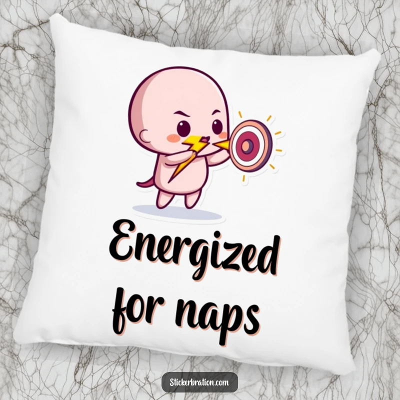 Funny pillow displaying a cheerful lightning bolt character striking a tiny target, offering comfort with a humorous, energetic design.