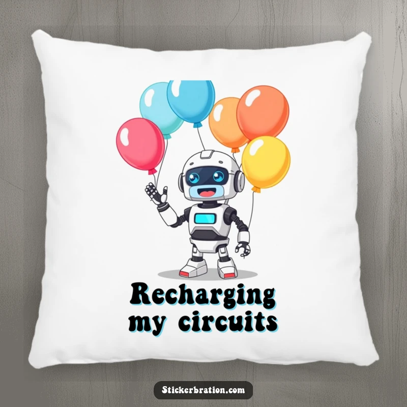 Funny pillow designed with a cute, cheerful robot character in the act of juggling bright, colorful balloons with a happy, audible beep, soft and amusing.