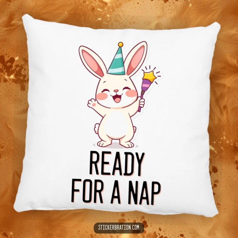 Funny bunny pillow featuring a cheerful character holding a party popper, providing a soft and humorous touch of celebration to any seating area.