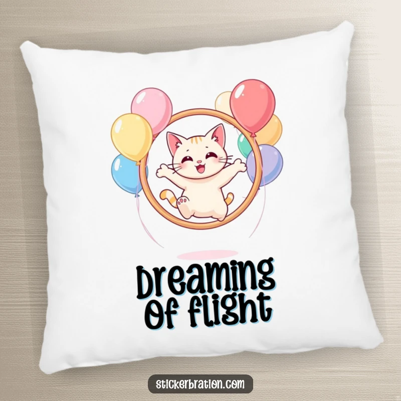 Funny cat character on a pillow, leaping through a hoop of balloons with a joyful and relaxed demeanor.
