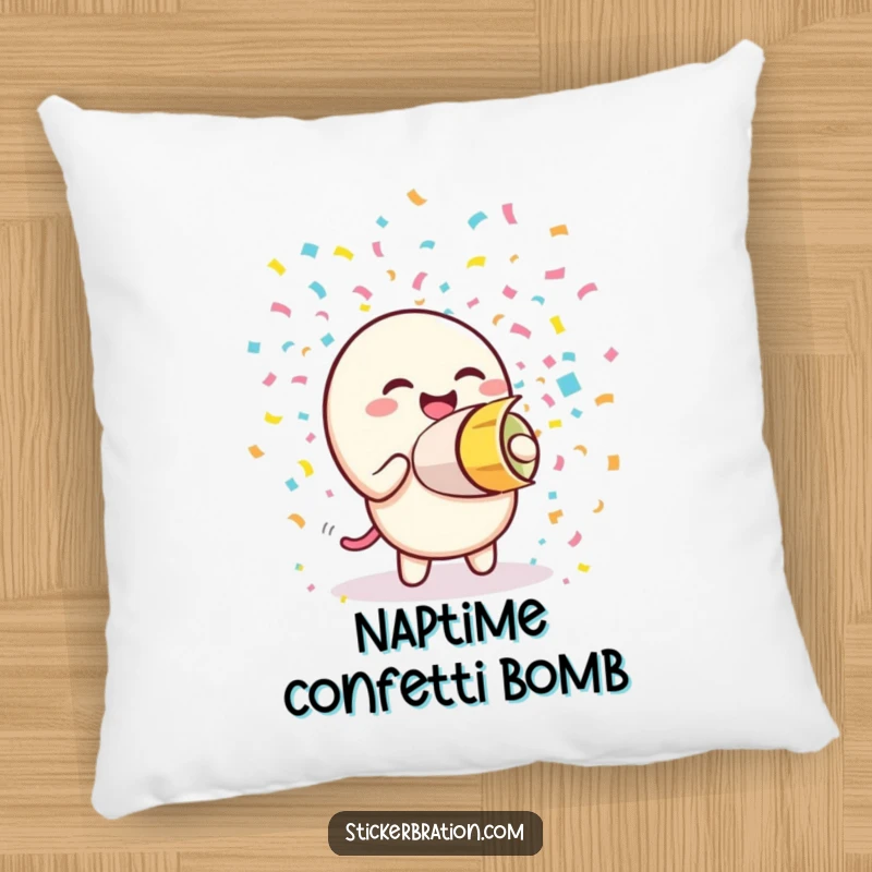 Funny pillow showcasing a happy giggling confetti cannon character firing a colorful explosion of paper, adding festive comfort to any space.
