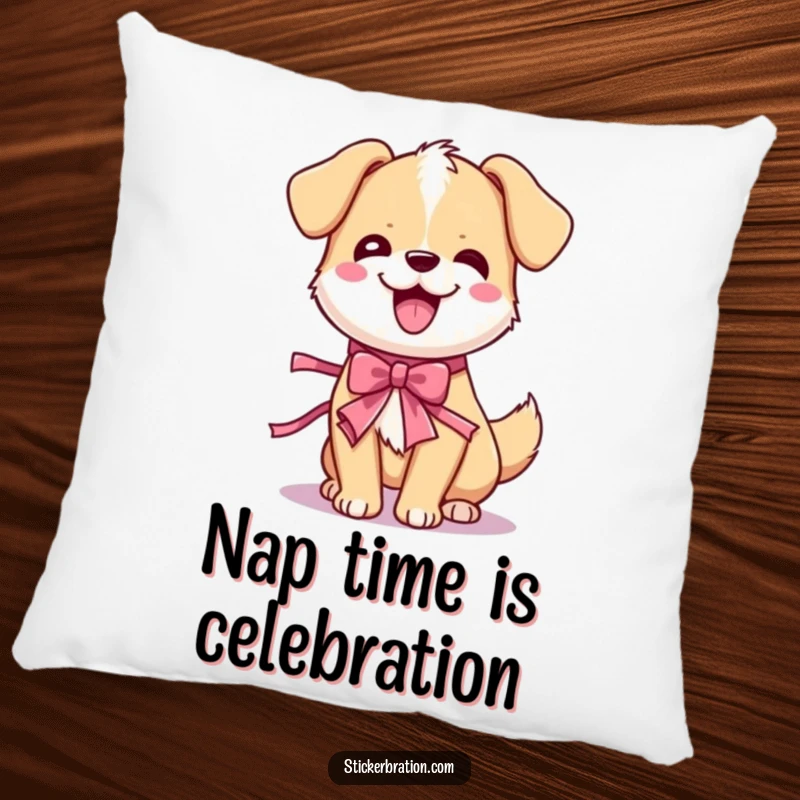 Funny dog wiggle pillow featuring a cute cartoon dog enthusiastically shaking its body with a party ribbon, offering comfort and humor.