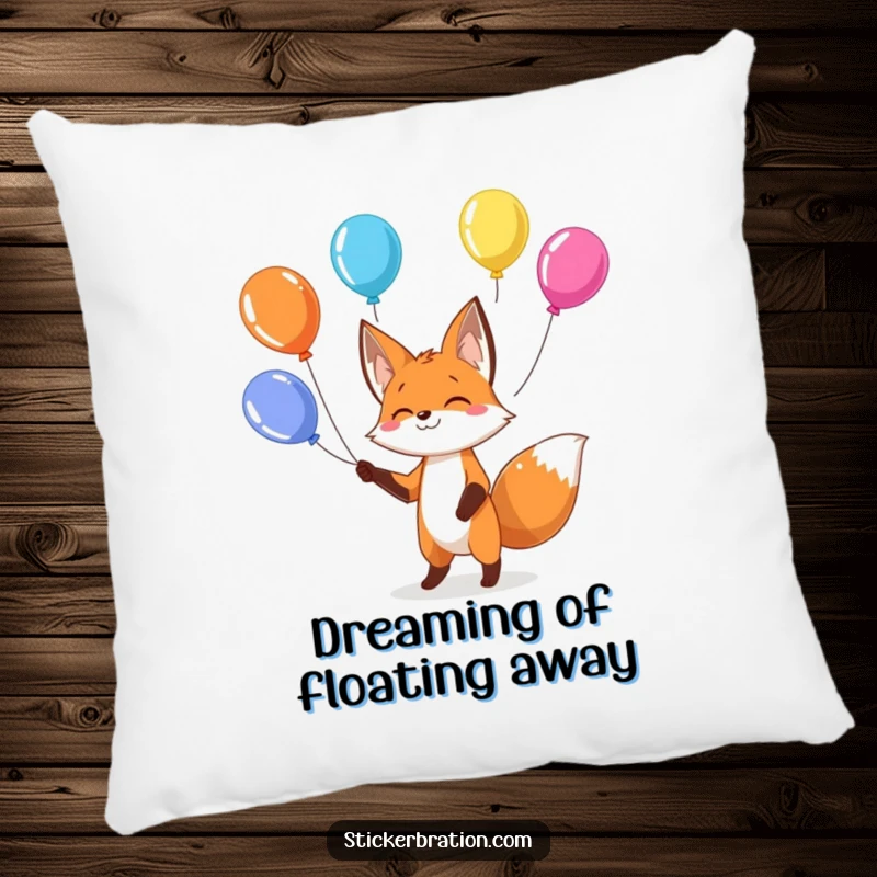 Funny fox pillow featuring a playful character juggling colorful balloons, adding humor and comfort to any room.