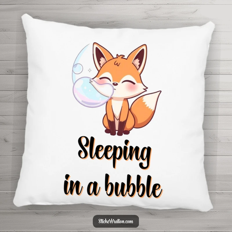 Funny bubbly fox character pillow winking while blowing a giant bubble, bringing humor and soft comfort.