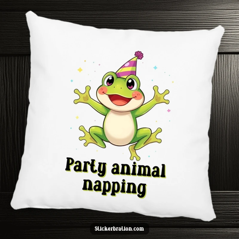Funny pillow featuring a grinning frog wearing a party hat, caught mid-jump in a delightful explosion of glittering confetti.