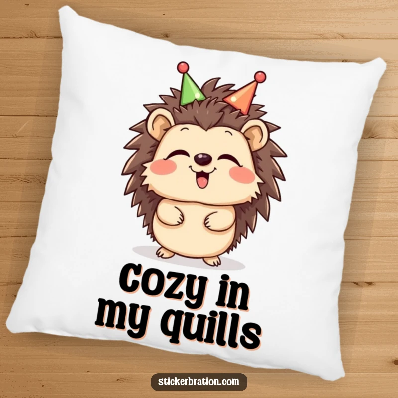 Funny Hedgehog Giggle Pillow featuring a giggling hedgehog wearing a celebratory headband, providing comfort and a cheerful, humorous design, a decorative and cozy item.