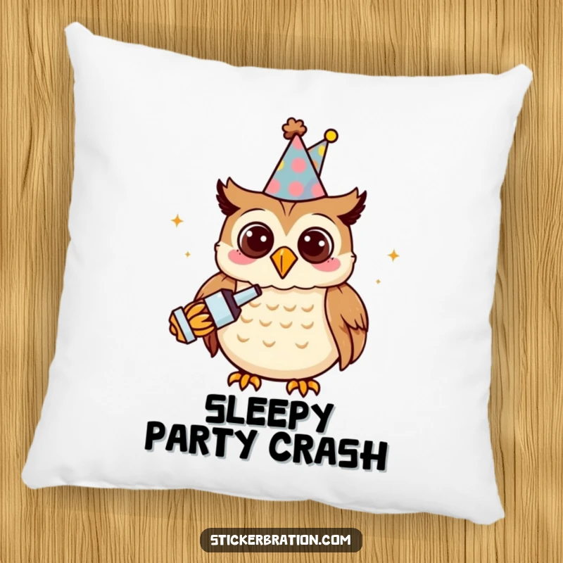 Funny owl character on a pillow, wearing a party hat and holding a noisemaker, looking cheerful.