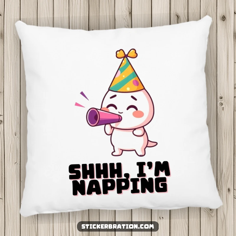 Funny throw pillow with a character in a party hat, blowing a noisemaker with excitement, perfect for festive comfort.