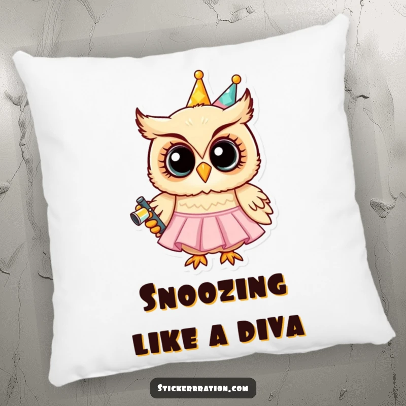 Funny pillow with a grinning owl character in a party dress holding a noisemaker, offering cozy comfort and a whimsical festive touch.