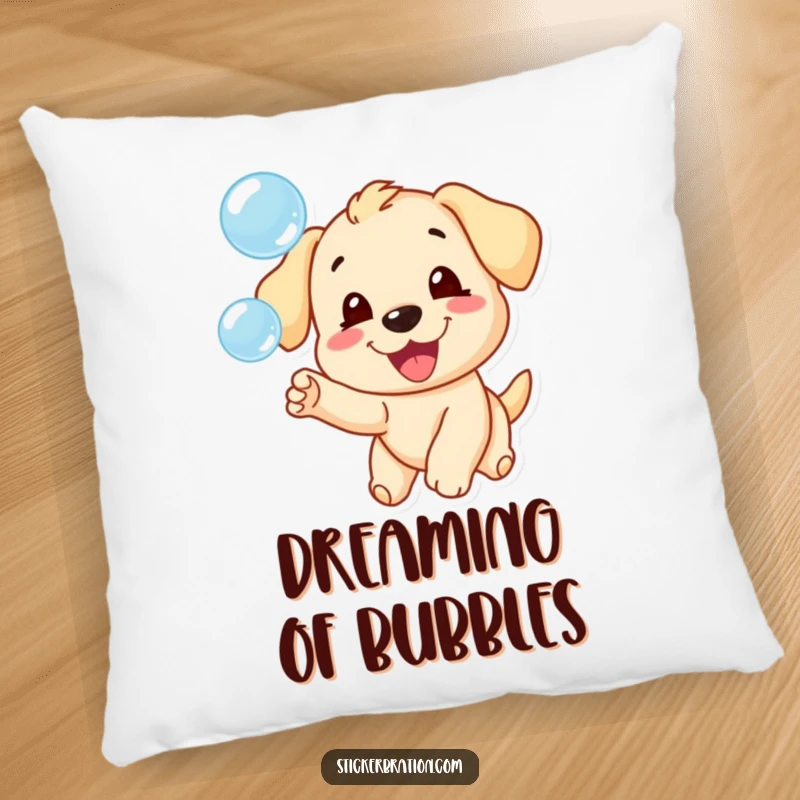 Funny pillow designed with a happy puppy character enthusiastically pursuing a whimsical cluster of bubbles.