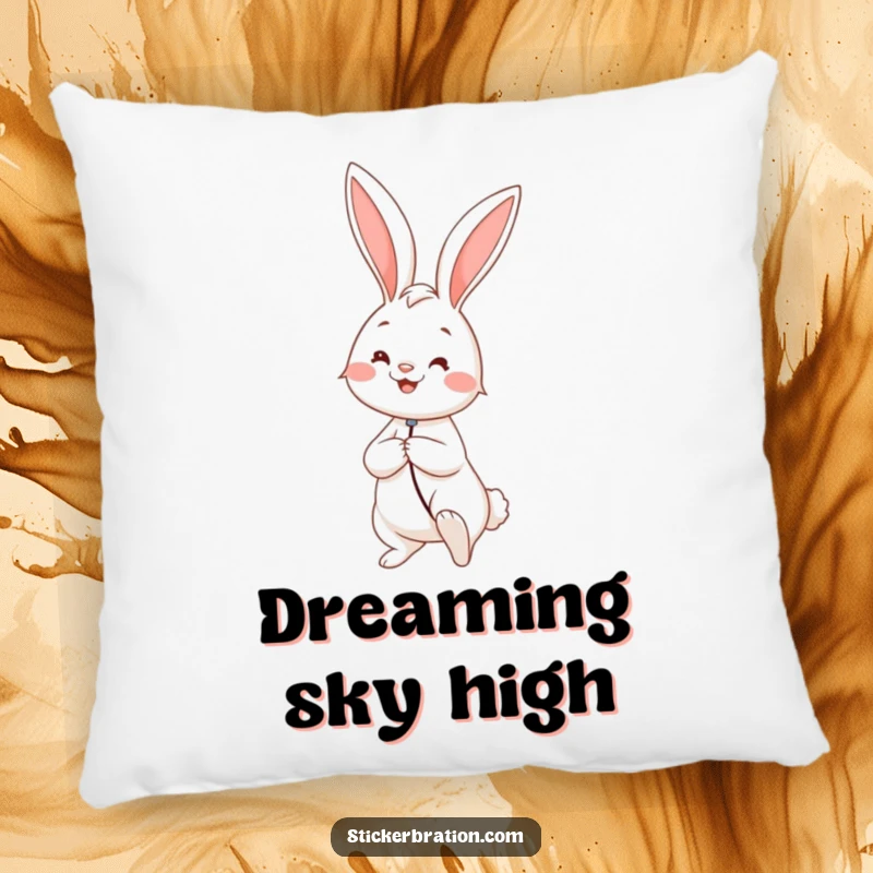 Funny pillow showcasing a smiling rabbit holding a giant balloon, its soft design embodying gentle happiness and whimsical dreams.
