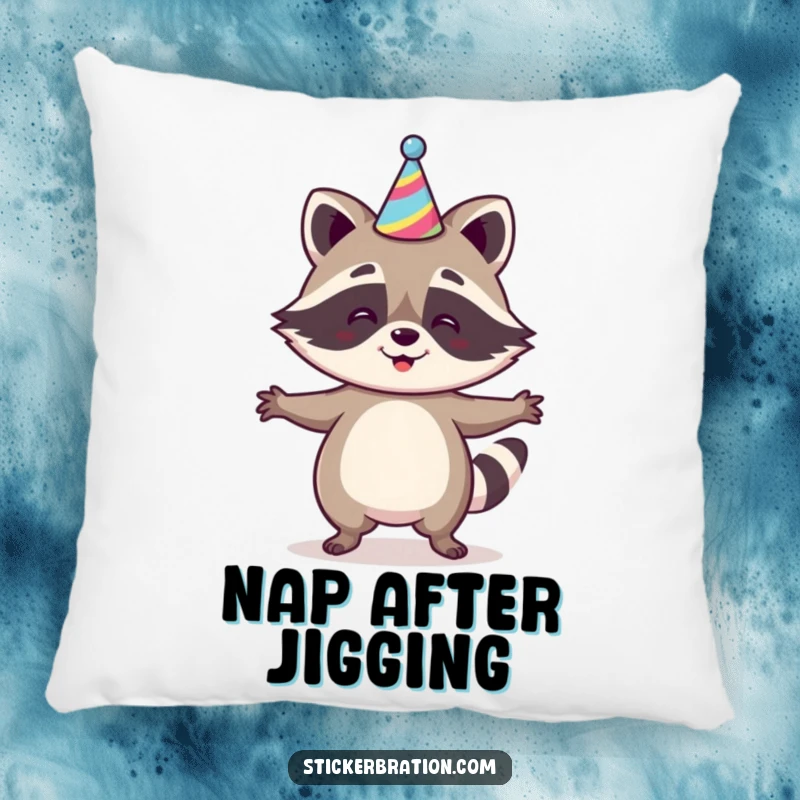 Funny Raccoon Jig Pillow featuring a happy raccoon dancing with a party hat, providing comfort and a festive, humorous design, a decorative and cozy item.