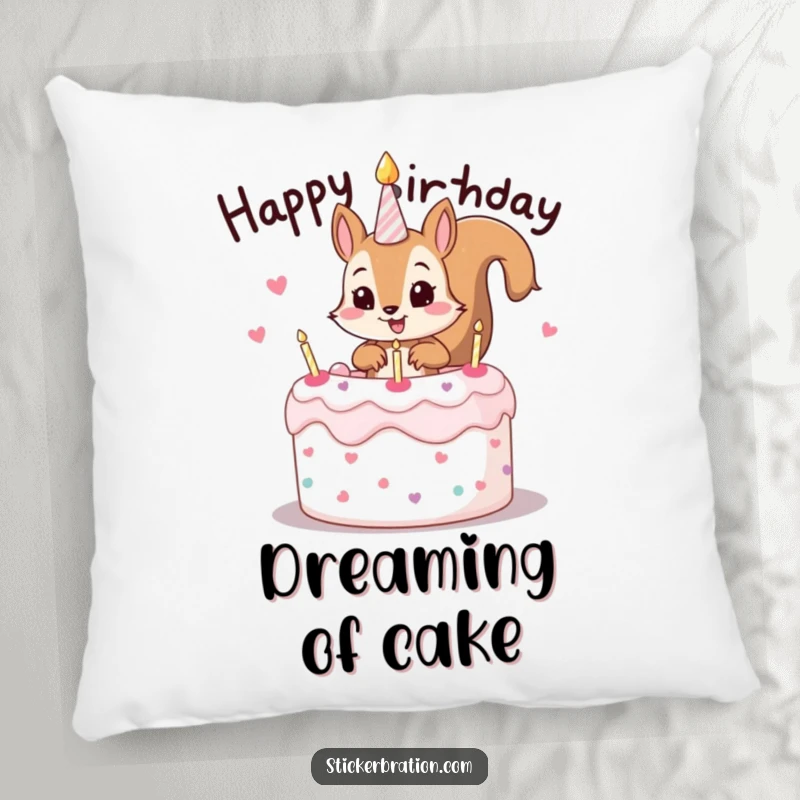 Funny pillow featuring a mischievous squirrel character peeking out of a birthday cake, adding comfort and a playful aesthetic.
