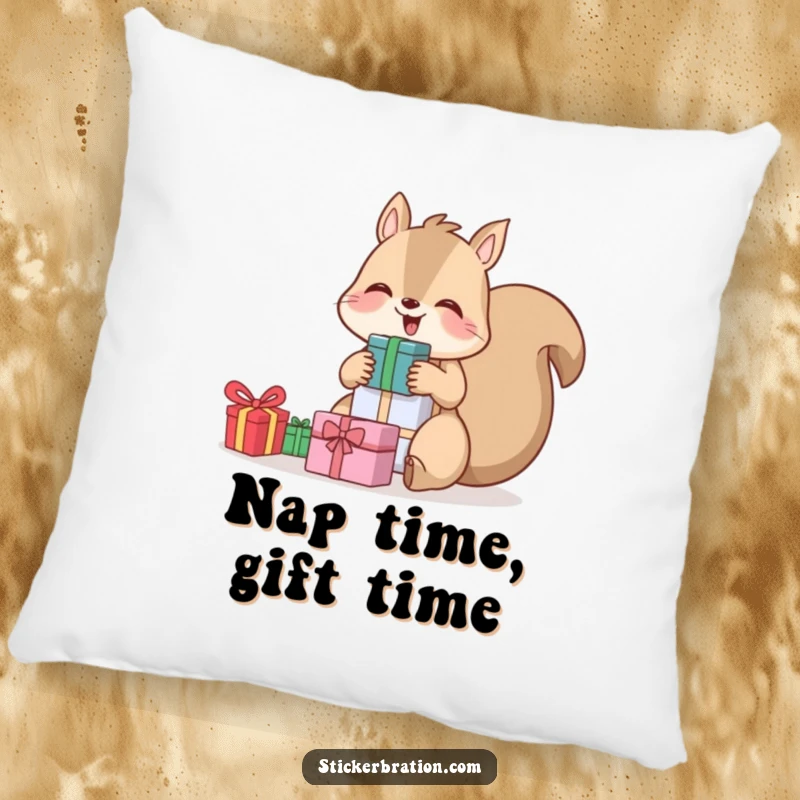 Funny pillow featuring a giggling squirrel holding a stack of gifts, bringing cozy humor and festive cheer.