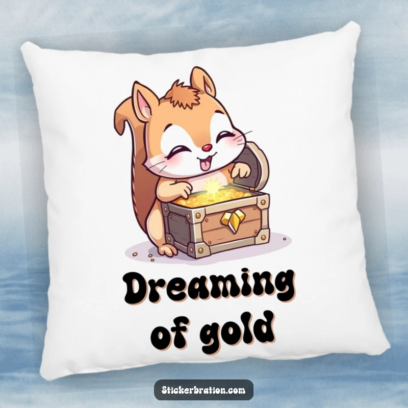 Funny Squirrel Treasure Pillow: A soft, plush pillow featuring a curious squirrel discovering a treasure chest, cozy and amusing.