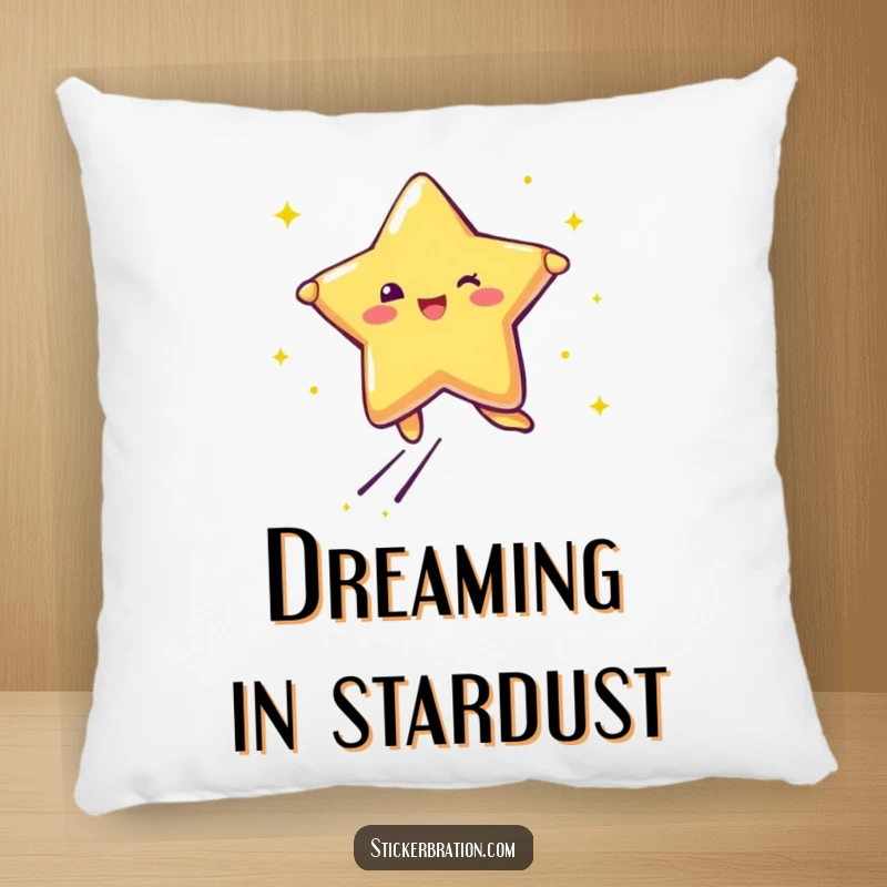 Funny throw pillow with a star character leaping with joy, leaving trails of glitter, perfect for cozy cheer.