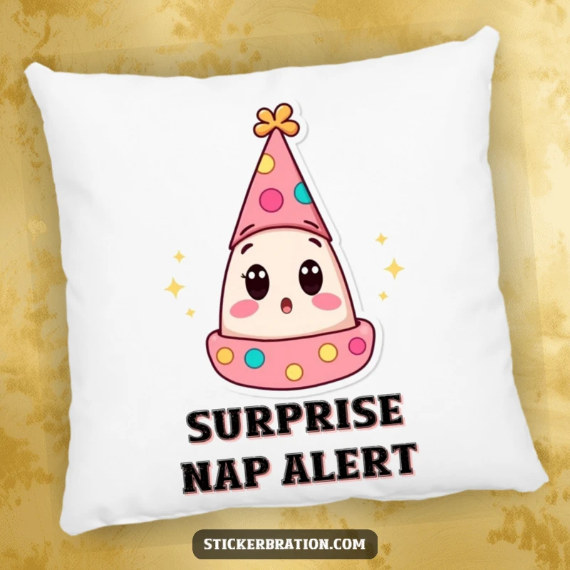 Funny pillow featuring a surprised party hat character's wide eyes popping open, offering cozy comfort and a touch of hilarious shock.