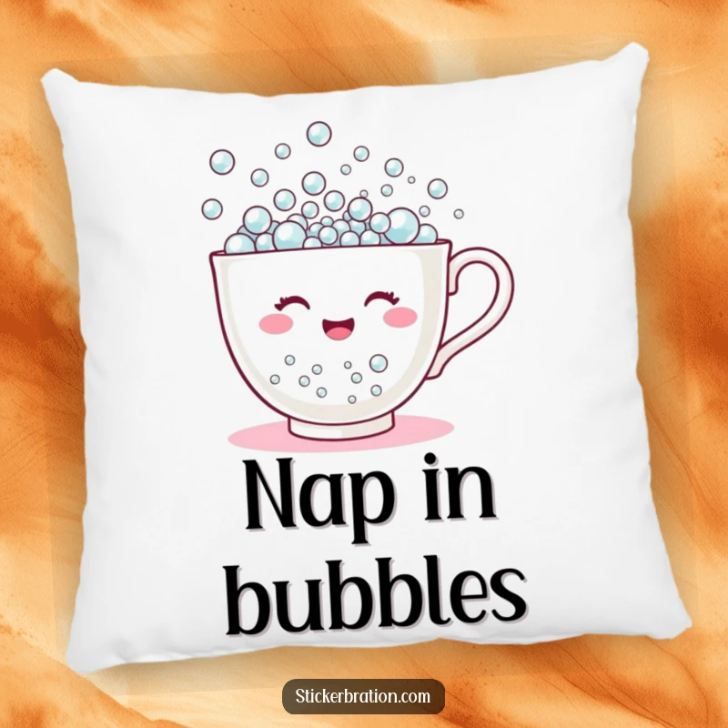 Funny pillow featuring a happy teacup character overflowing with tiny bubbles, offering a soft, bubbly, and humorous decorative element.