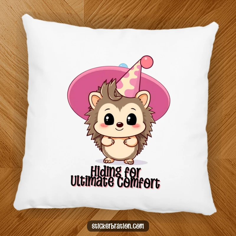 Funny hedgehog pillow featuring a timid character peeking from behind a giant party hat, adding humor and comfort.