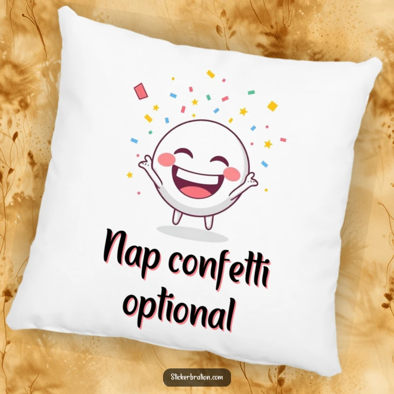 Funny throw pillow with a round character grinning widely while throwing confetti, perfect for adding festive comfort.