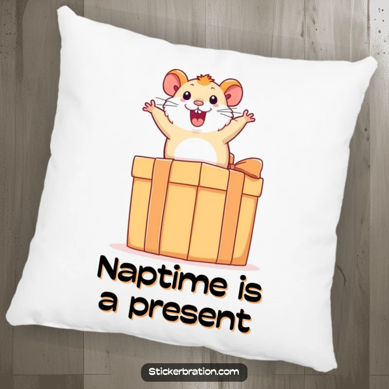Funny hamster pillow with an excited hamster bouncing on a large gift box, offering cozy comfort and a humorous design.