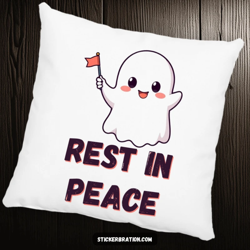Funny pillow with a cute ghost character waving a small flag, providing cozy comfort with a heartwarming, humorous design.