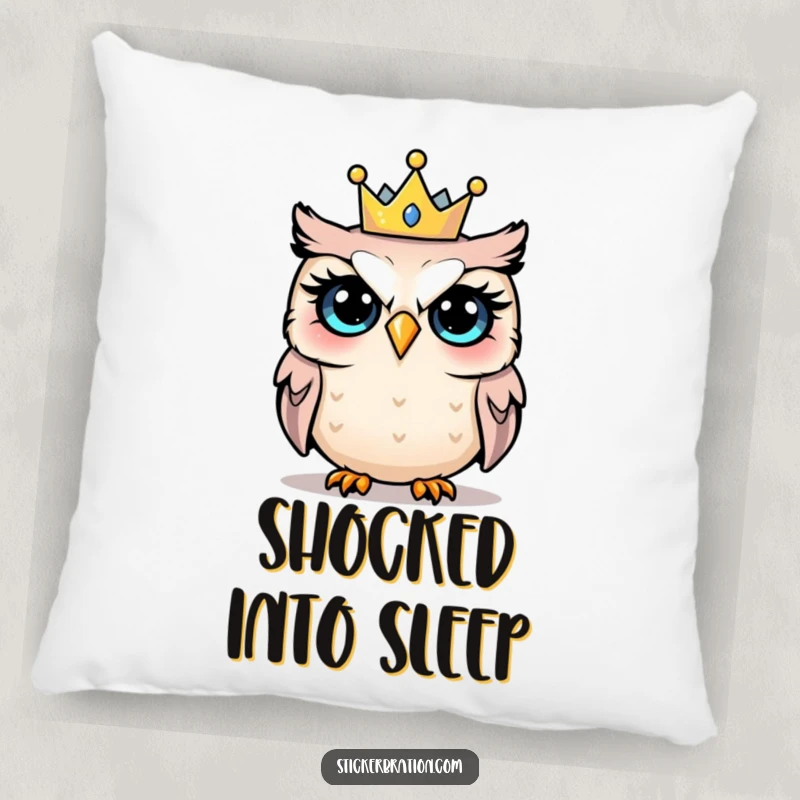 Funny pillow showcasing a shocked owl wearing a tiny party crown, adding a touch of playful surprise.