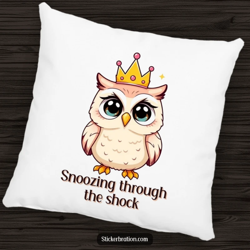 Funny pillow featuring a shocked owl with wide eyes wearing a tiny party crown, bringing cozy humor to furnishings.
