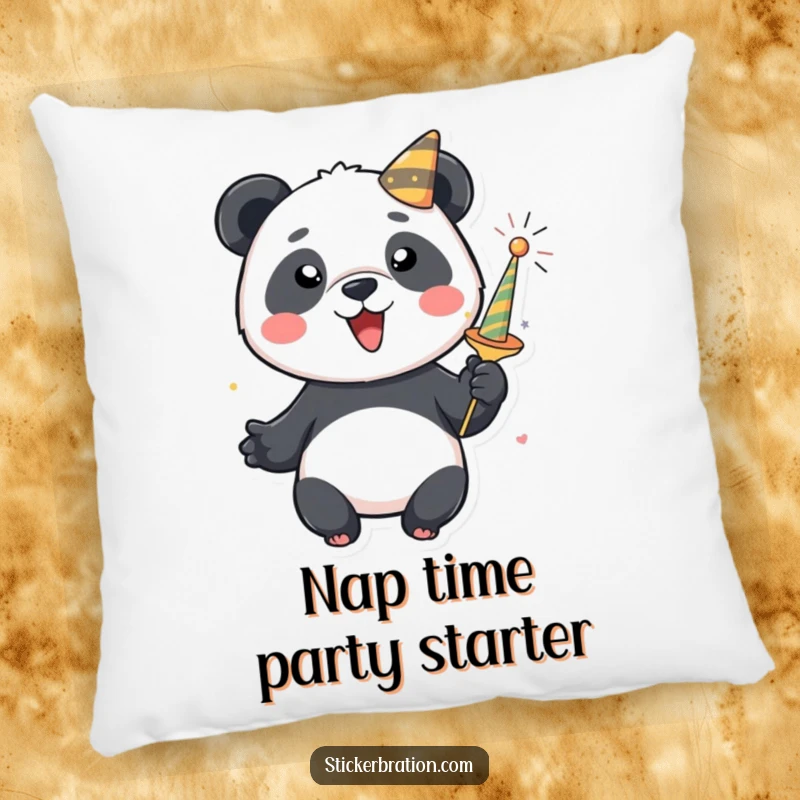 Funny panda pillow featuring a cute character releasing confetti from a party popper. Soft, decorative, and fun.