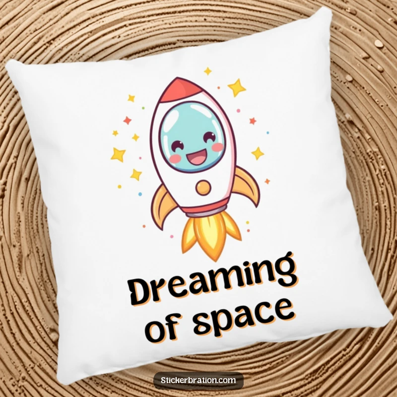 Funny rocket pillow depicting a smiling character launching into space amidst confetti and stars, providing soft and cozy decorative comfort.