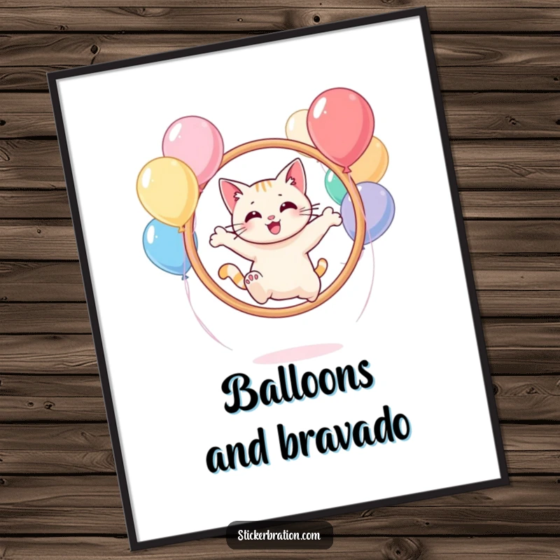 Funny cat character as digital art, leaping through a hoop of balloons, for instant joyful decor.