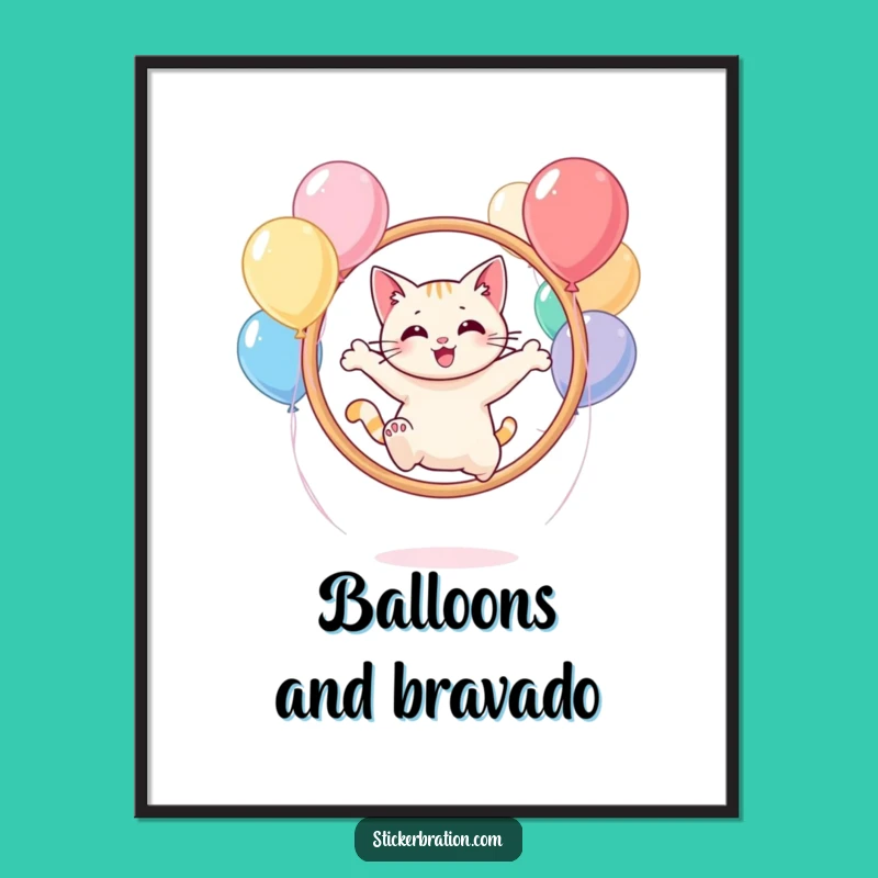 Funny Cat Balloon Hoop Digital Art: Instant Joy, Printable Playful Decor!