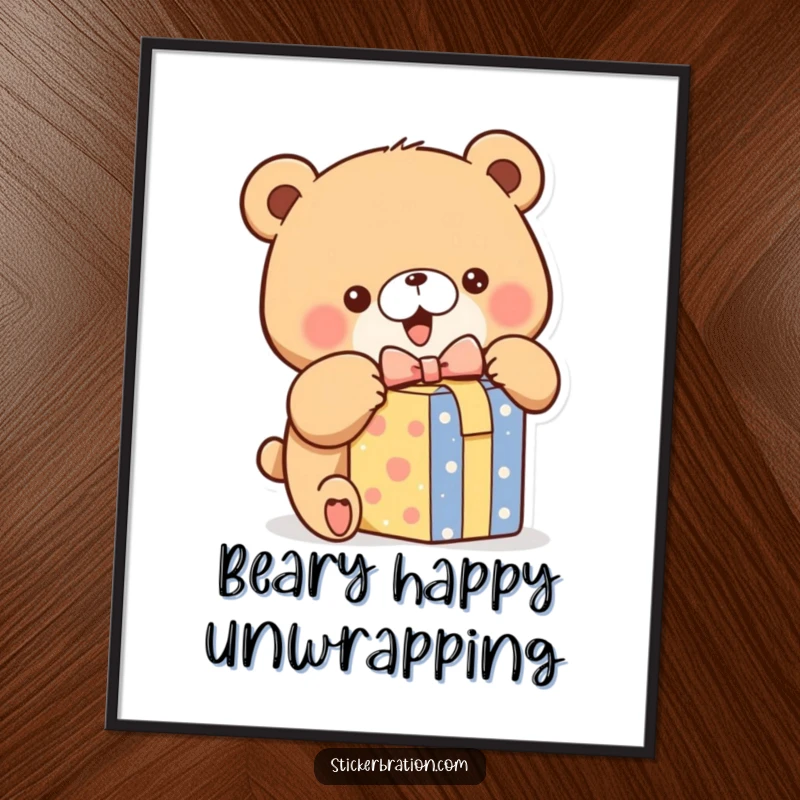 Funny digital art print of a chubby bear character excitedly opening a colorful gift box, perfect for adding excitement.