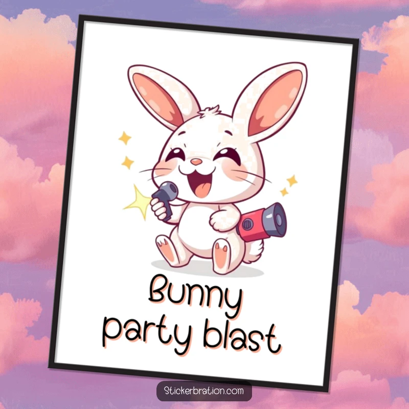 Funny digital art print of an excited bunny with large ears holding a sparkling noisemaker, perfect for creating a festive and cheerful digital atmosphere.
