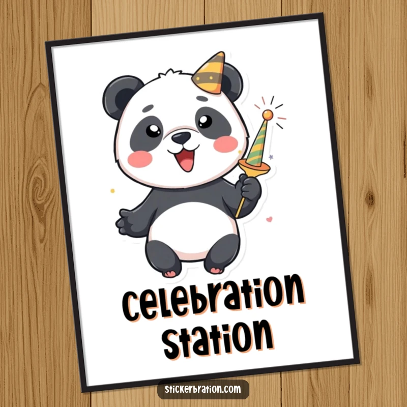 Funny panda digital art print showing a happy character releasing confetti from a party popper. Instant festive wall art.