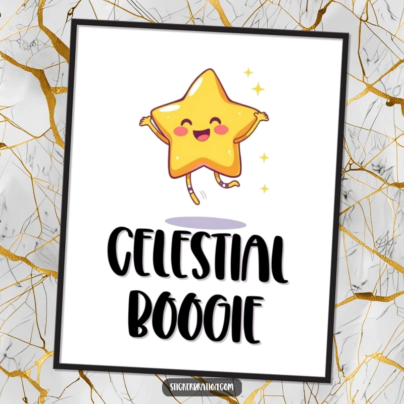 Funny digital art print of a smiling star character joyfully dancing, leaving a trail of glittering sparkles, embodying pure happiness.