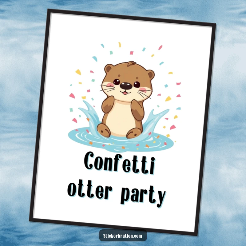 Funny Otter Splash Digital Art Print showing a playful otter character splashing in a pool of confetti, ready to be printed and displayed, a cheerful and humorous artwork.