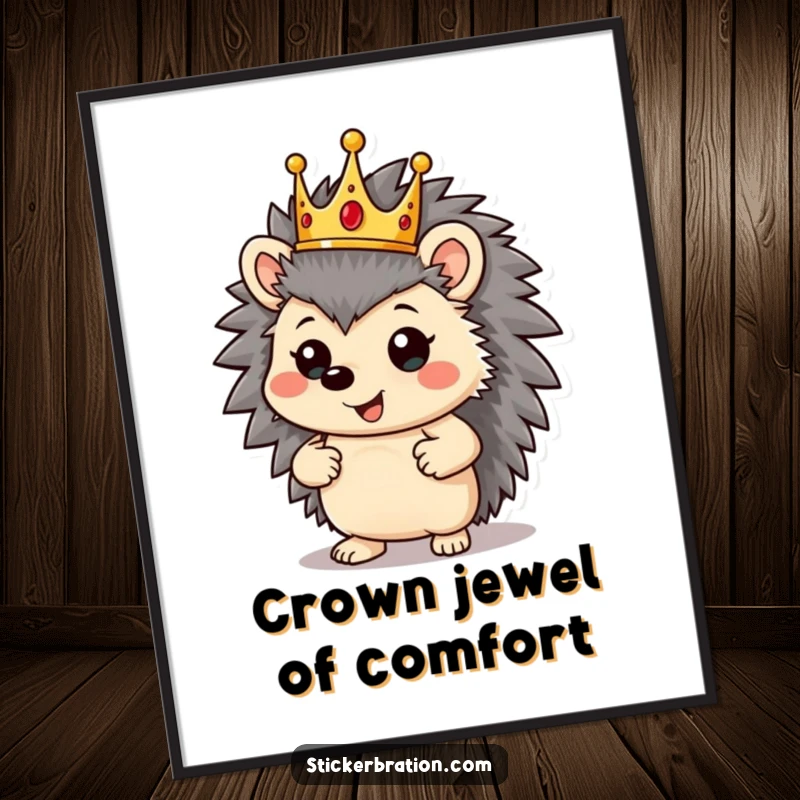 Funny hedgehog character as digital art, wearing a crown and striking a proud pose, for regal decor.